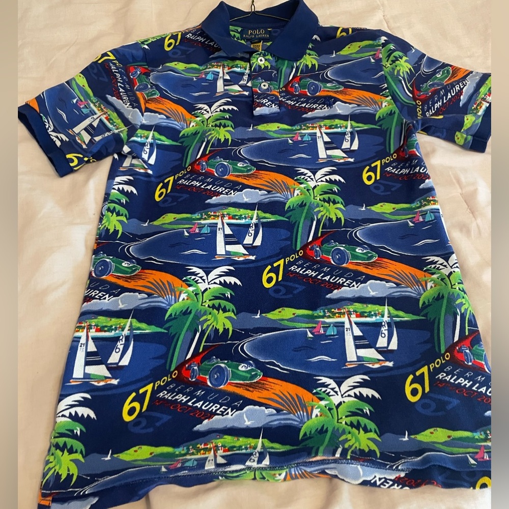 Youth large multi color blue base Ralph Lauren Polo shirt. Previously loved.